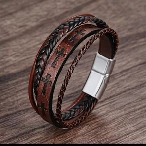 Men's‎ Bracelet Leather Cross Braided Layered Brown New f38